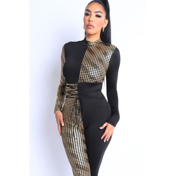 Women's Mosaic Colorblock Tie Detailed Jumpsuit Party Club Lounge Jumpsuit - Picture 3 of 11